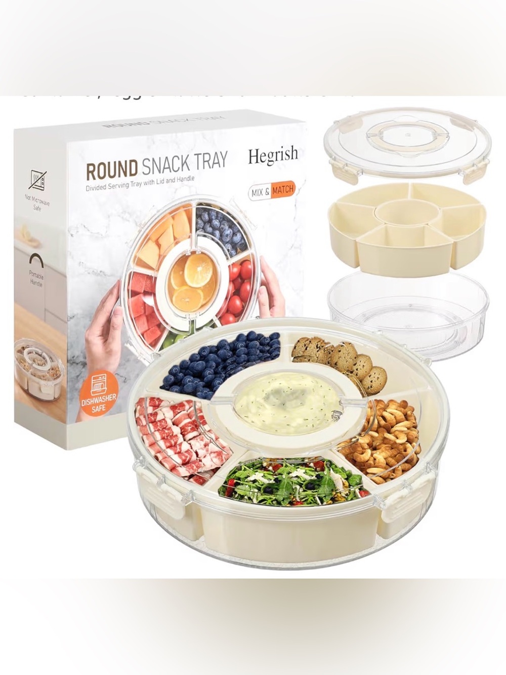 Hegrish Round Snack Tray with Lid - 6-Compartment Serving Platter NEVER OPENED